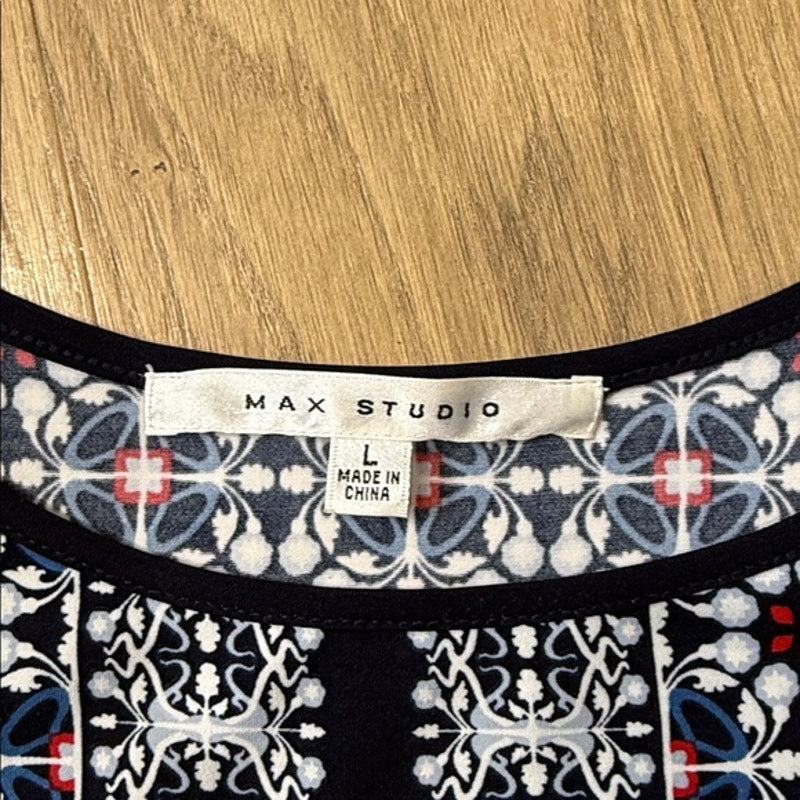 Max Studio Navy Blue Multicolor Printed Sleeveless Shift Dress Size Large