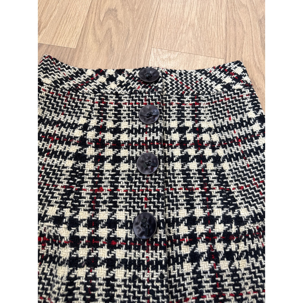 Nanette Lepore Bergdorf Goodman Houndstooth Wool Blend Black / White / Red Plaid Button Front Peplum Skirt Size 6