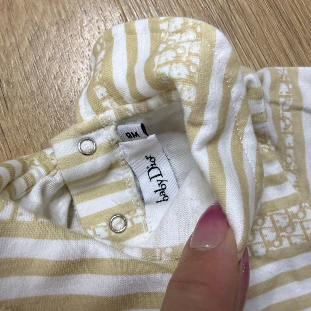 Baby Dior Long-Sleeved Striped Bodysuit with Peter Pan Collar - Beige & White