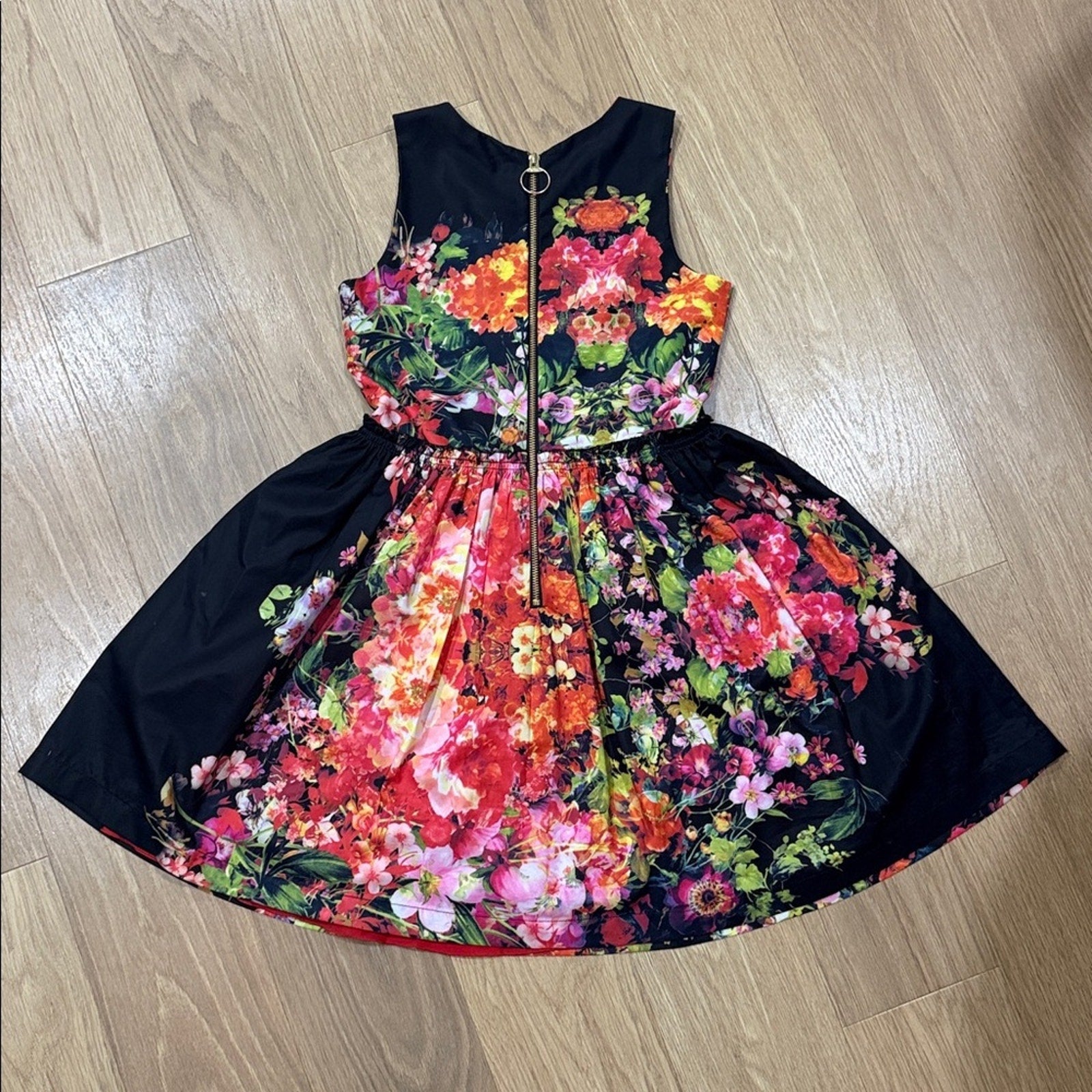 Zoe Ltd. Floral Black and Pink Kids A Line Dress Size 14