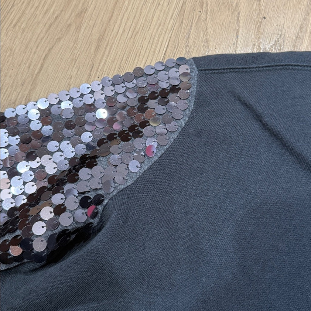 Free People Slouchy Washed Gray Crop Top with Iridescent Sequin Sleeves Size XS