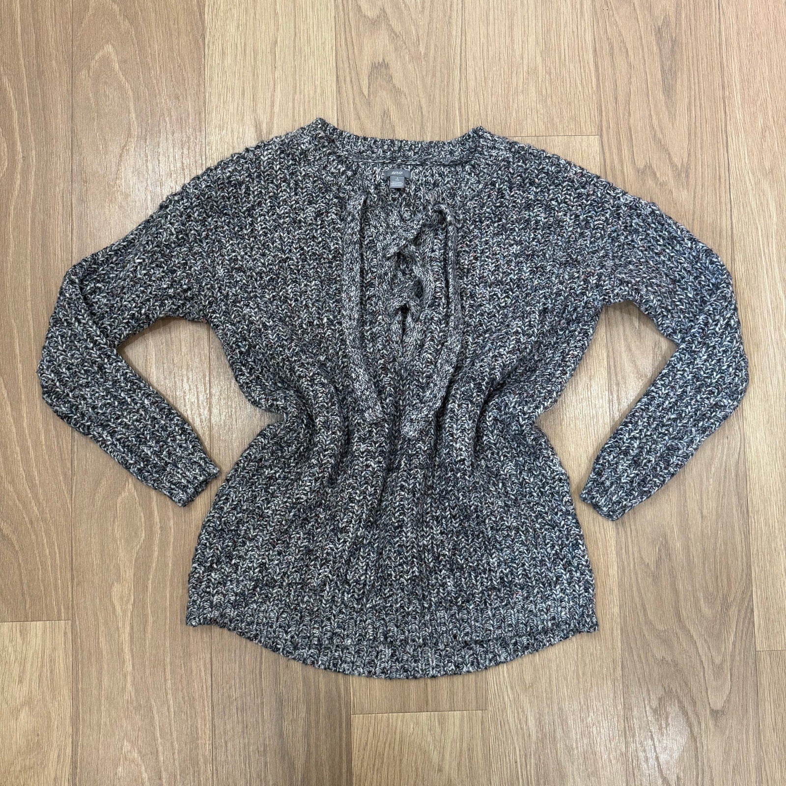 Aerie Lace-Up Confetti Knit Sweater - Black & White Marled Pullover Size Small