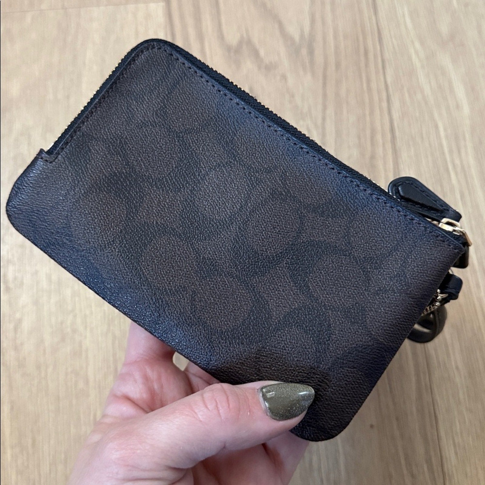 Coach Dark Brown and Black Pebbled Leather Wristlet with Black Strap