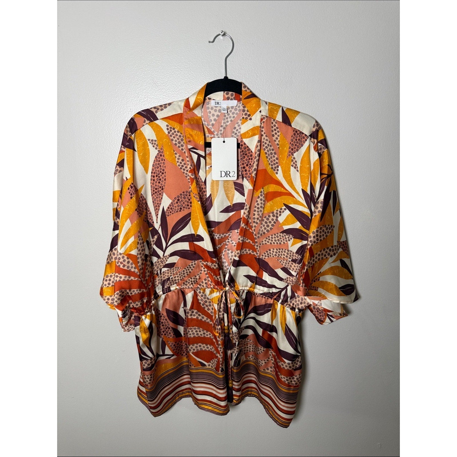 DR2 Floral-Leaf Tie-Front Kimono in Rust, Mustard & Cream Size S/M
