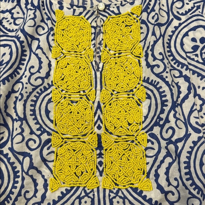 Talbots Blue and White Paisley Blouse with Yellow Beaded Placket Size Medium