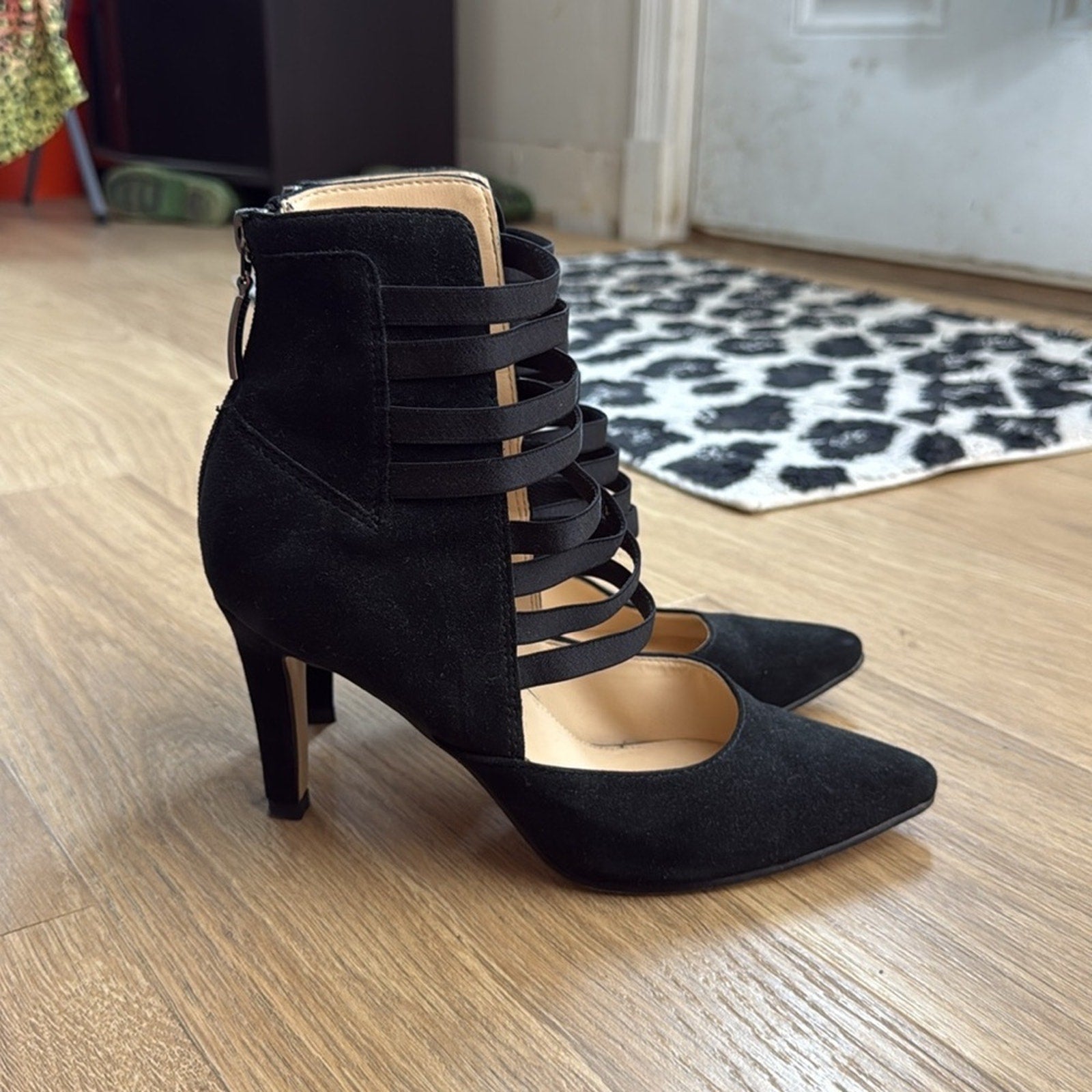 Michael Shannon Jayda Black Stiletto Heels with Cage Straps Leather Suede Sz 6.5