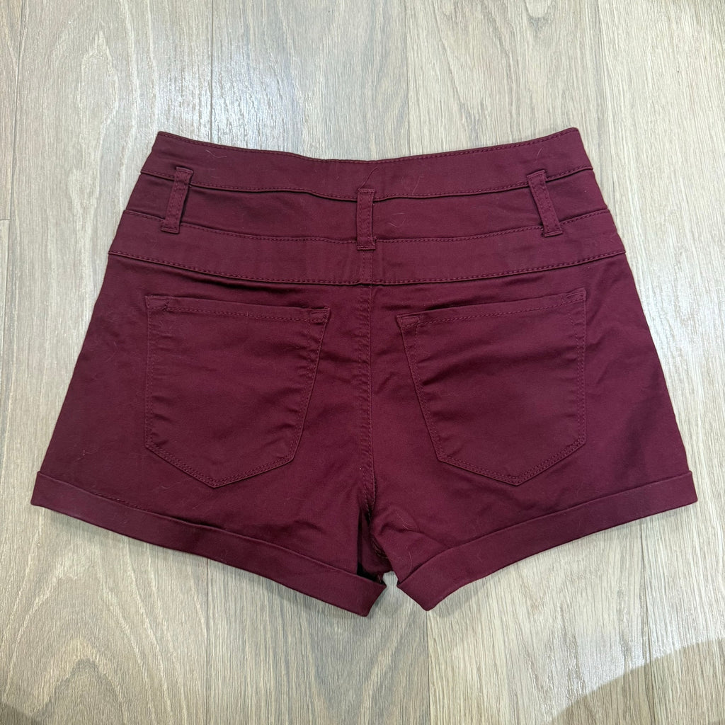 Refuge Women’s High-Waisted 3-Button Shorty Shorts – Burgundy Stretch Denim Size 2