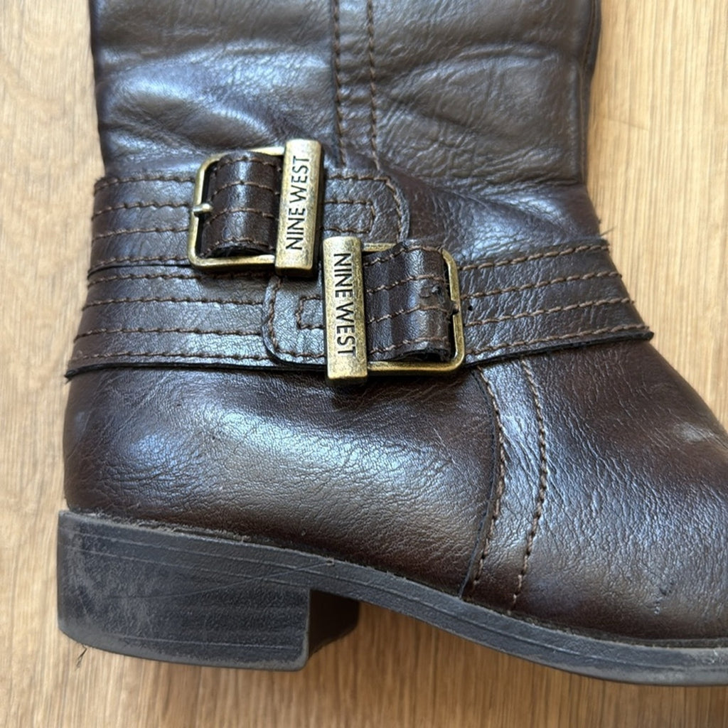 Nine West Brown Buckle Detail Faux Leather Knee High Lova Boots Size 12