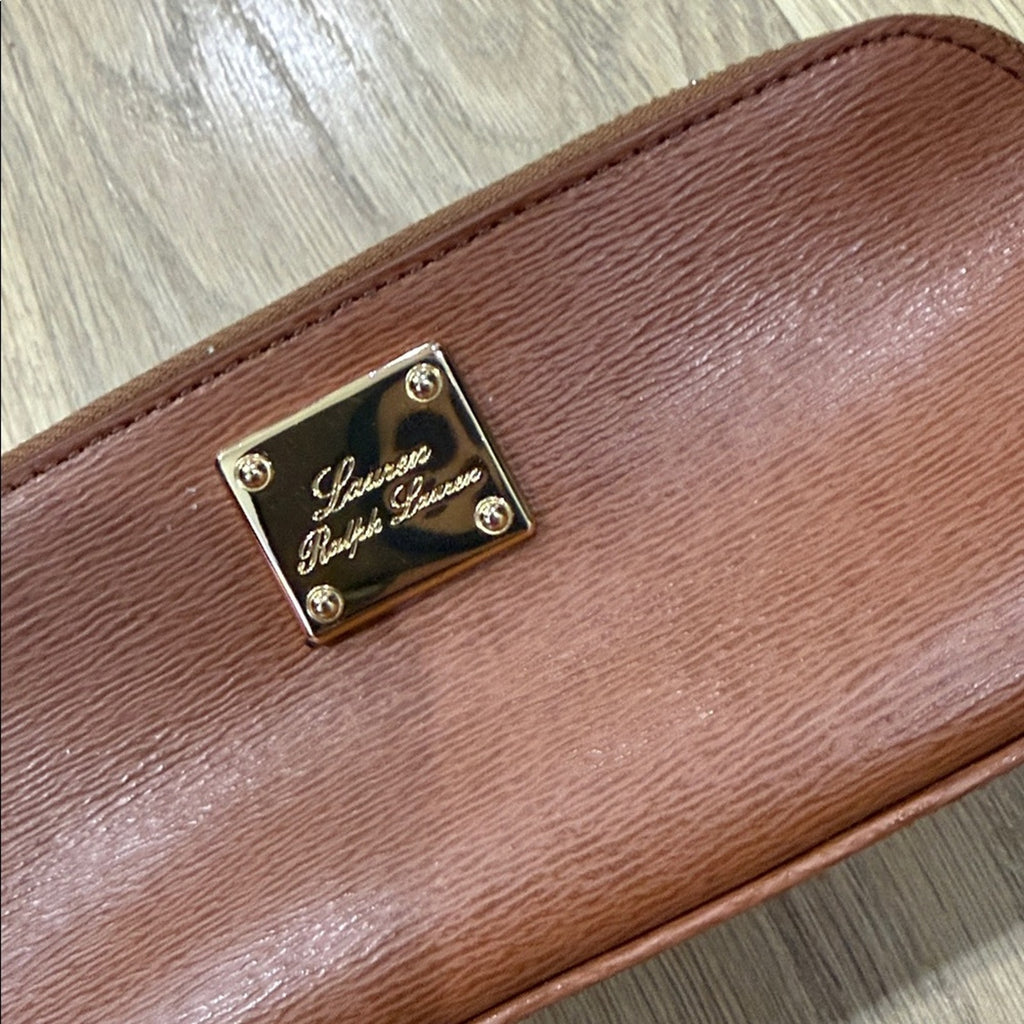 Lauren Ralph Lauren Small Brown Cosmetic Bag w/ Gold Accents