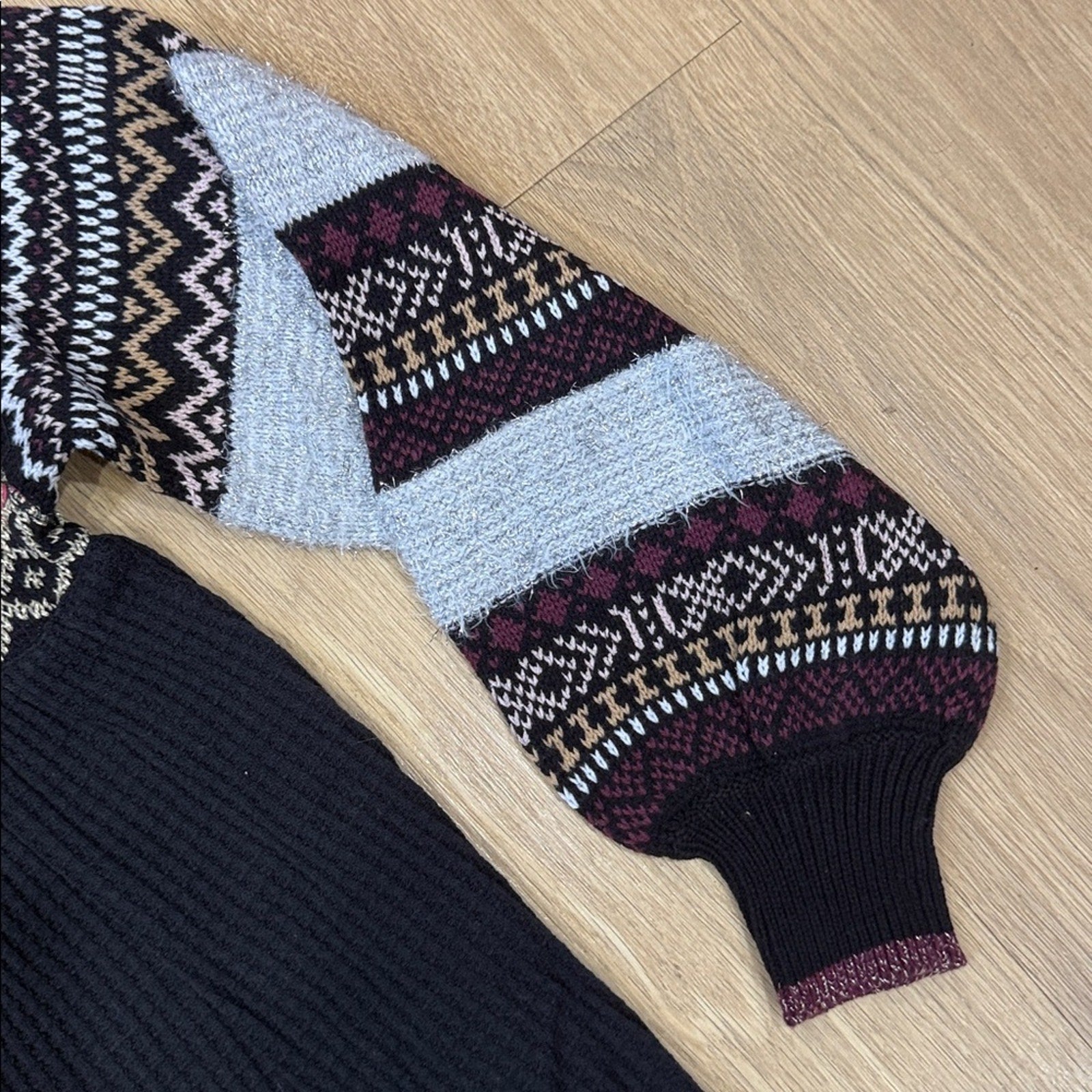 Free People Cozy Cottage Sweater in Black Multicolor Fair Isle Pattern Size XS