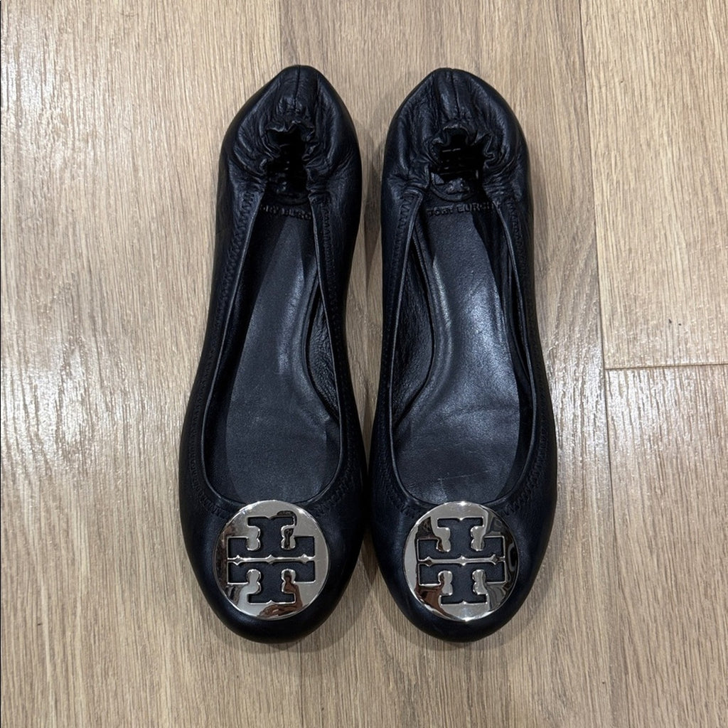Tory Burch Black Travel Reva Ballet Flats with Silver Logo Size 9.5