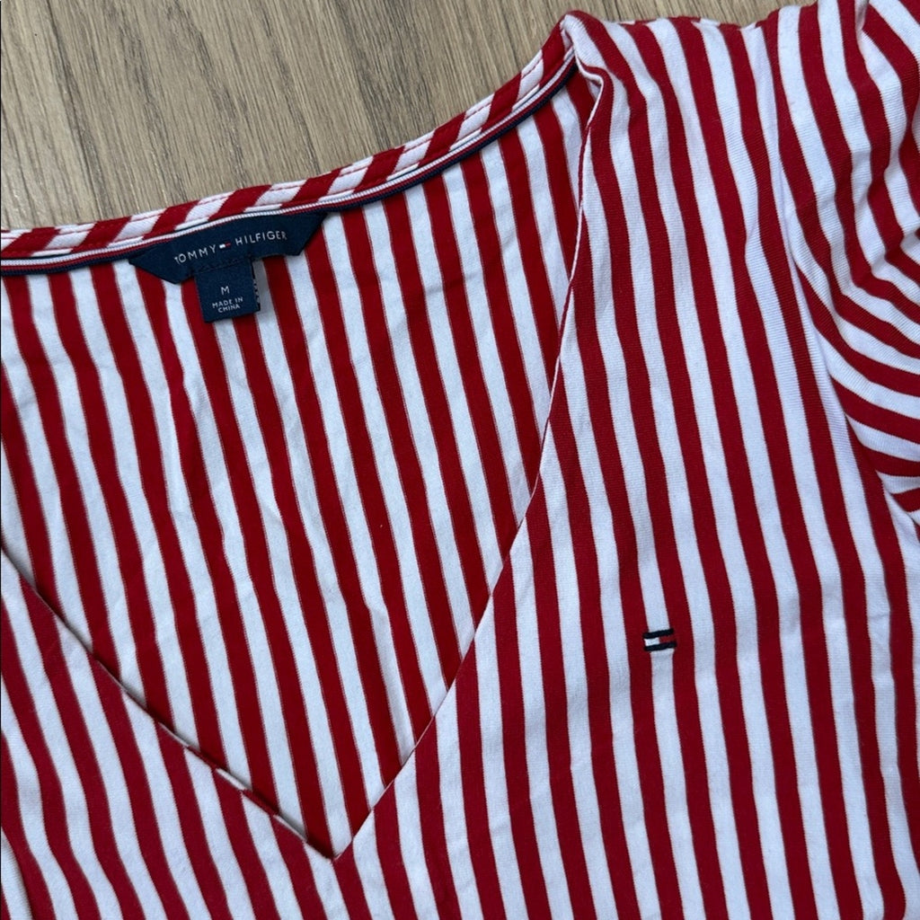 Tommy Hilfiger Red and White V Neck Ruffle Sleeve A Line Belted Dress Size MD
