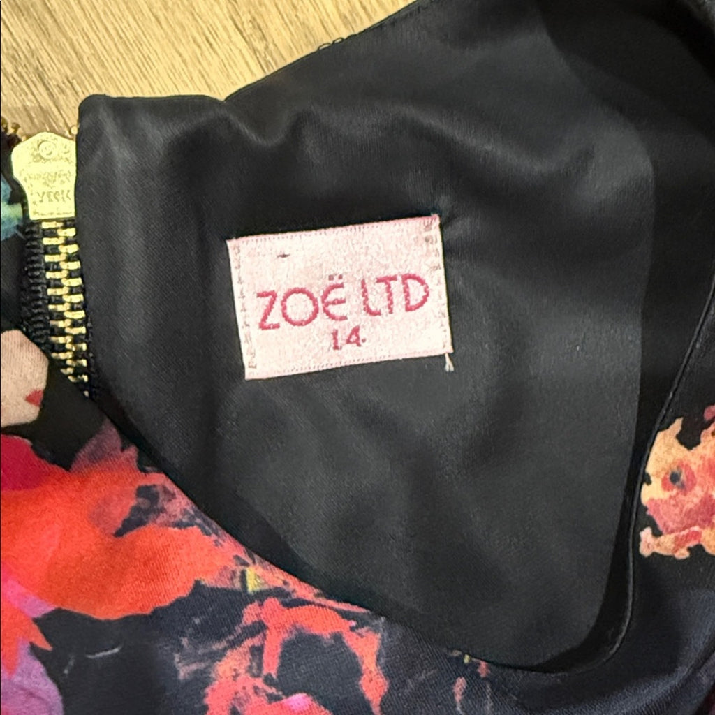Zoe Ltd. Floral Black and Pink Kids A Line Dress Size 14