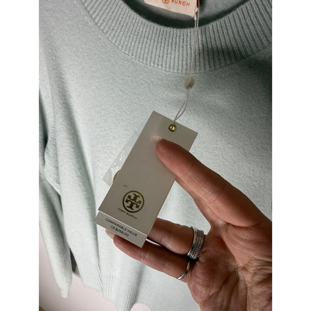 Tory Burch Pale Mint Crewneck Sweater with Gold Logo Buttons Size XL NEW!