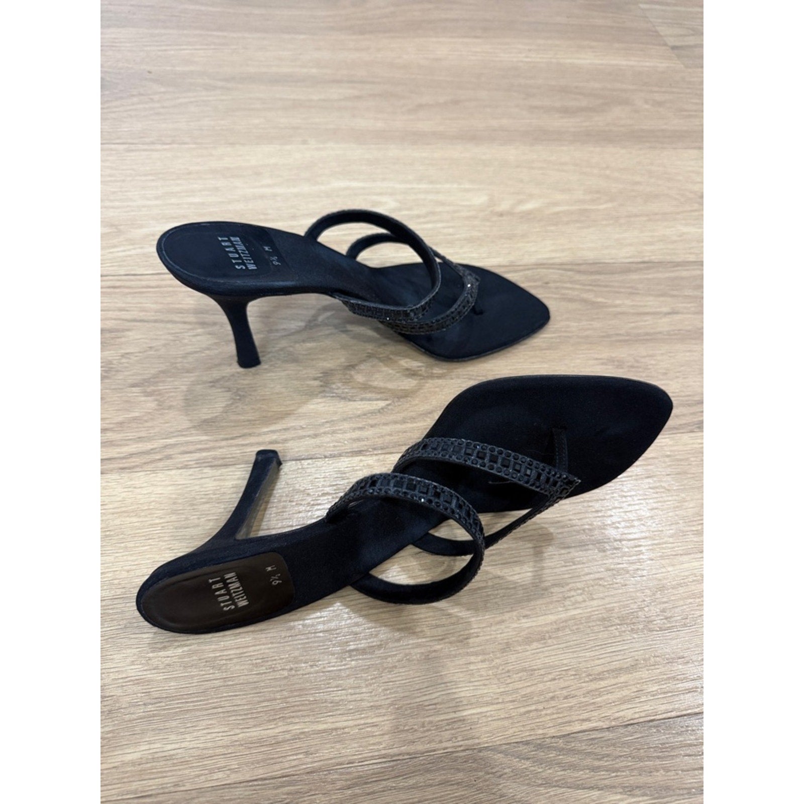 Stuart Weitzman Corona Black Peau Strappy Rhinestone Evening Sandal Heels Sz 9.5