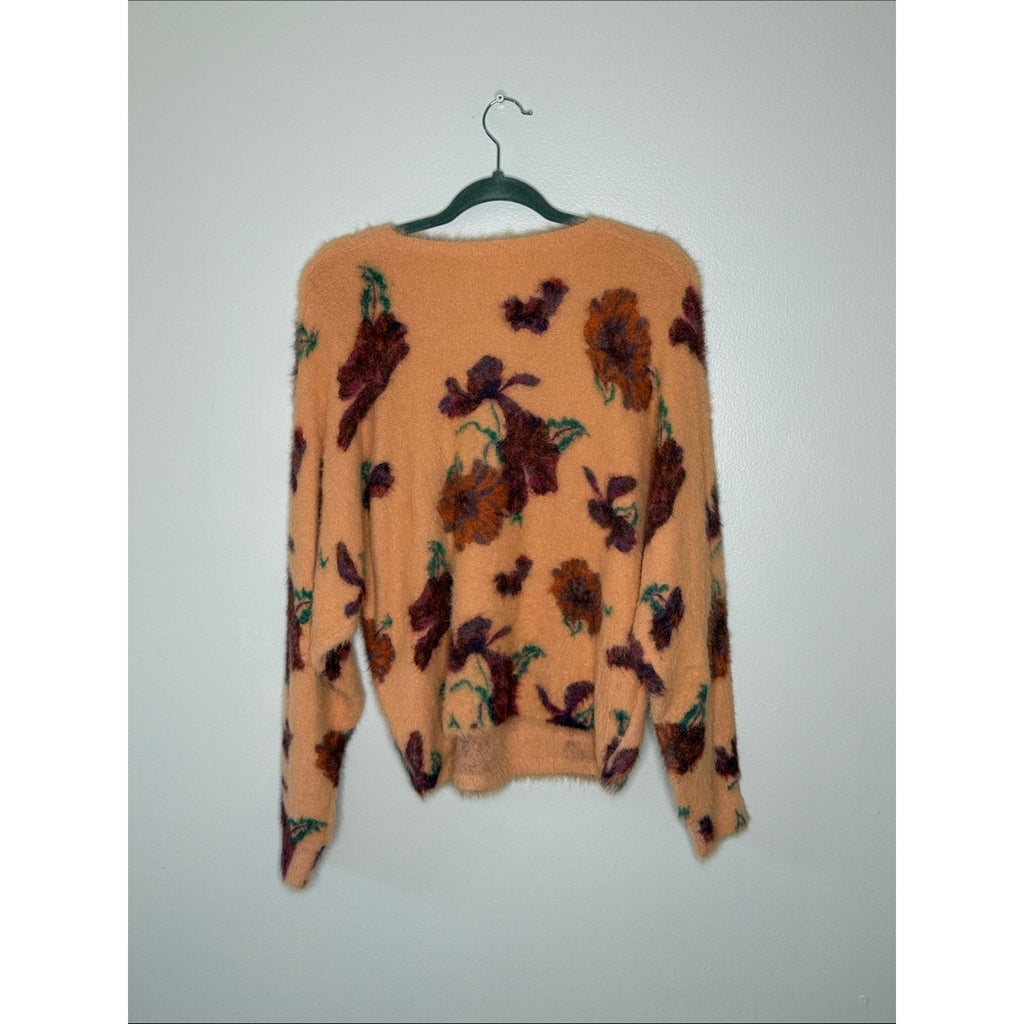 Leith Peach Floral Fuzzy Crewneck Sweater Size Medium