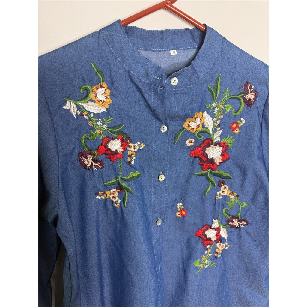 Embroidered Denim Tunic Shirt - Blue with Multicolor Floral Embroidery Size XL