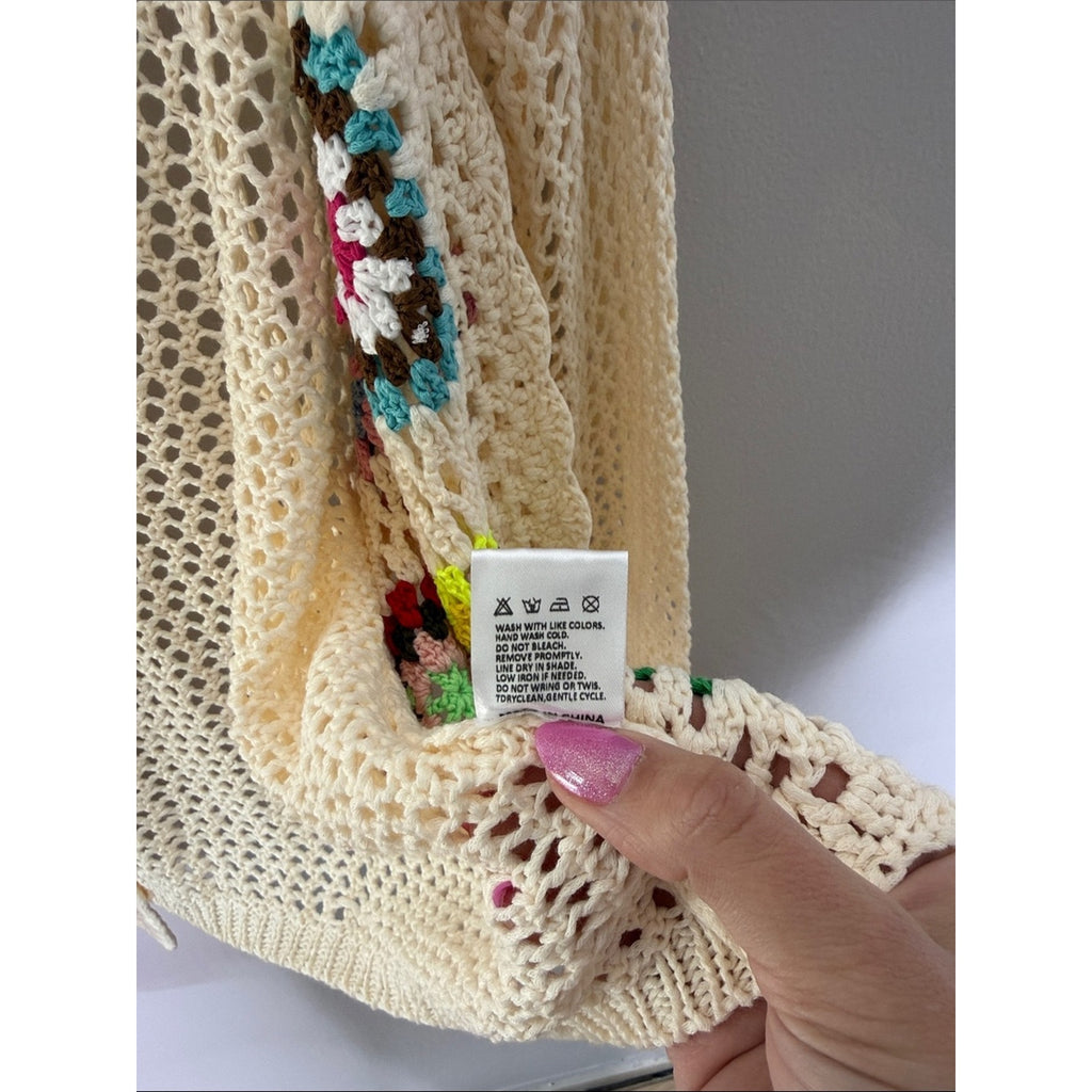 Cream Crochet Open-Front Cardigan Sweater with Multicolor Accents Size XL