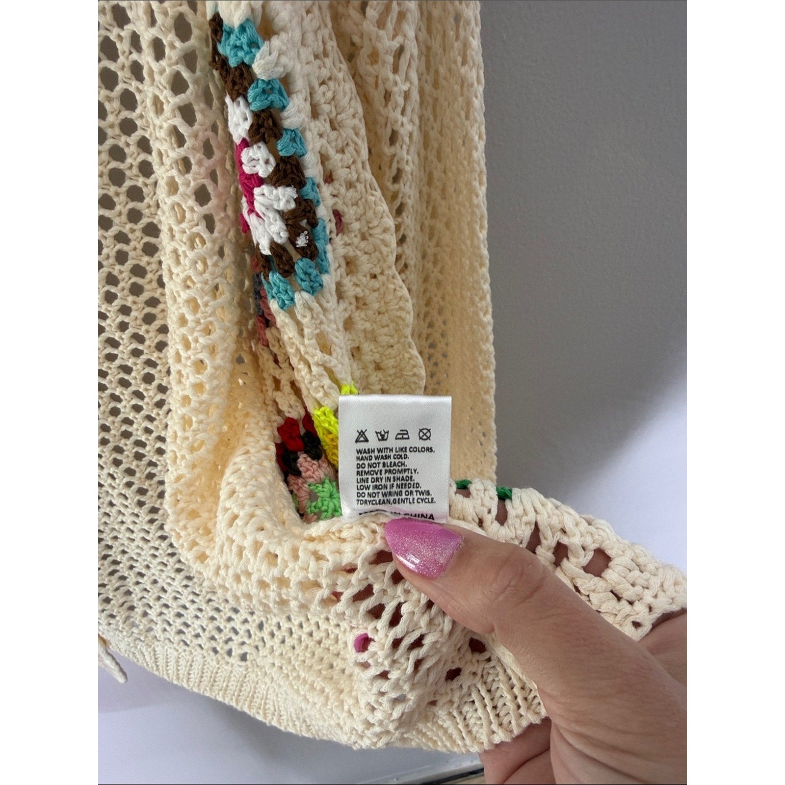 Cream Crochet Open-Front Cardigan Sweater with Multicolor Accents Size XL