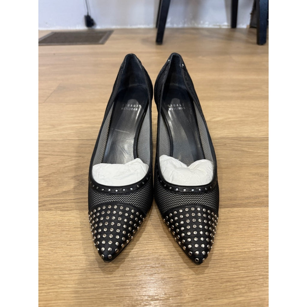Stuart Weitzman Hitipper Black Nappa Studded Pointed-Toe Pumps Size 9
