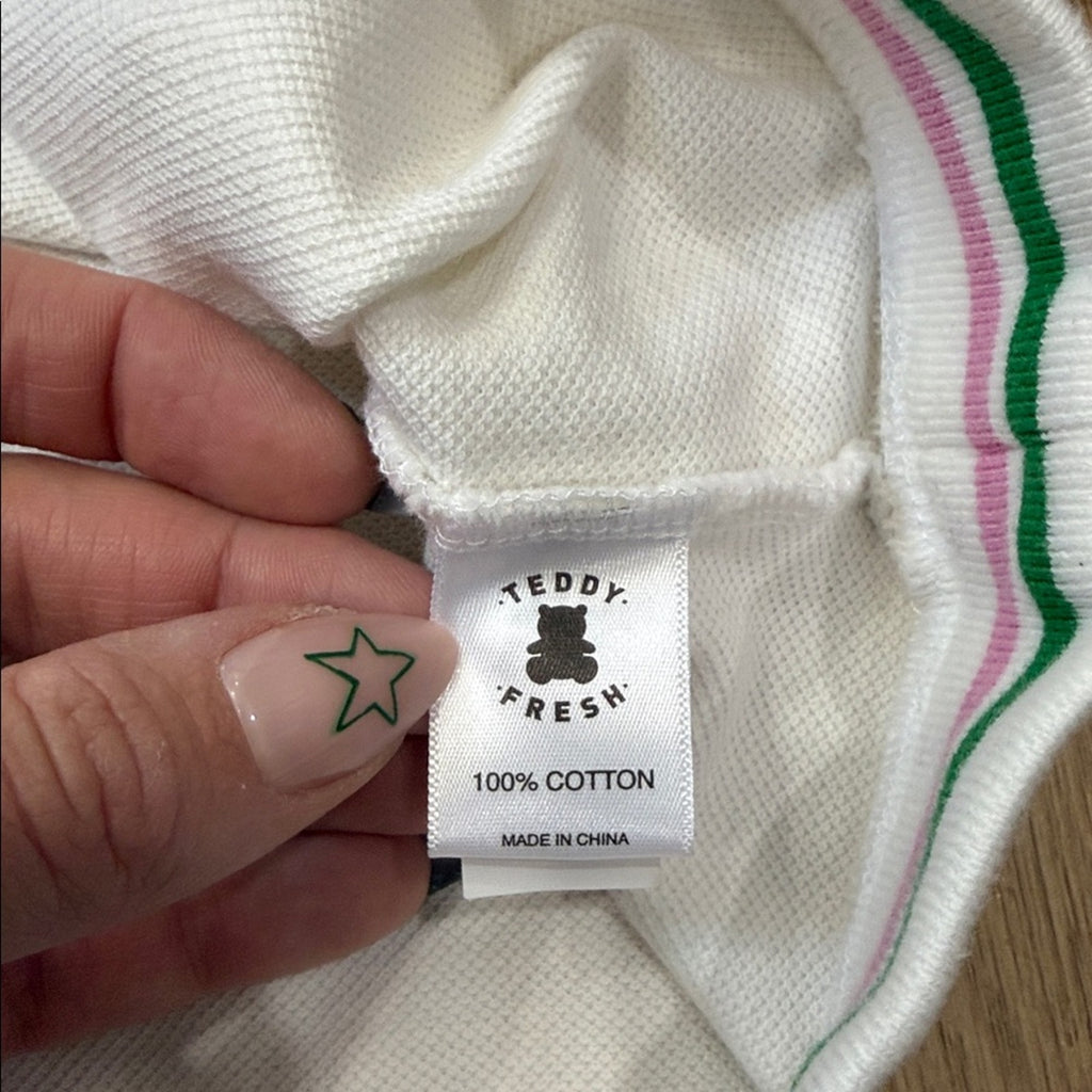 Teddy Fresh Striped Polo Tee in a Cropped Fit and Partial Button Closure Large