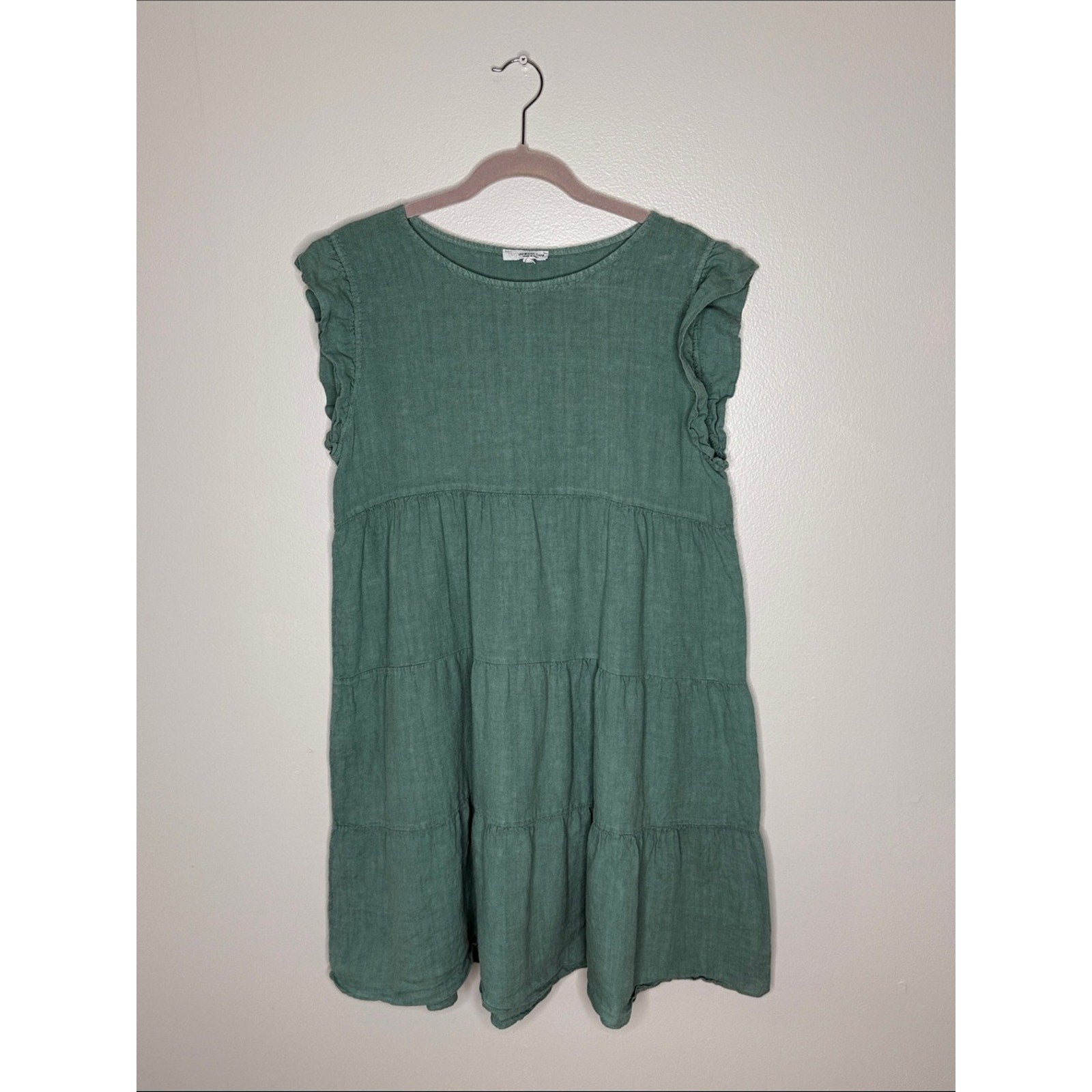 Vanessa Zani Made in Italy Linen Green Ruffle Sleeveless Dress Size Large
