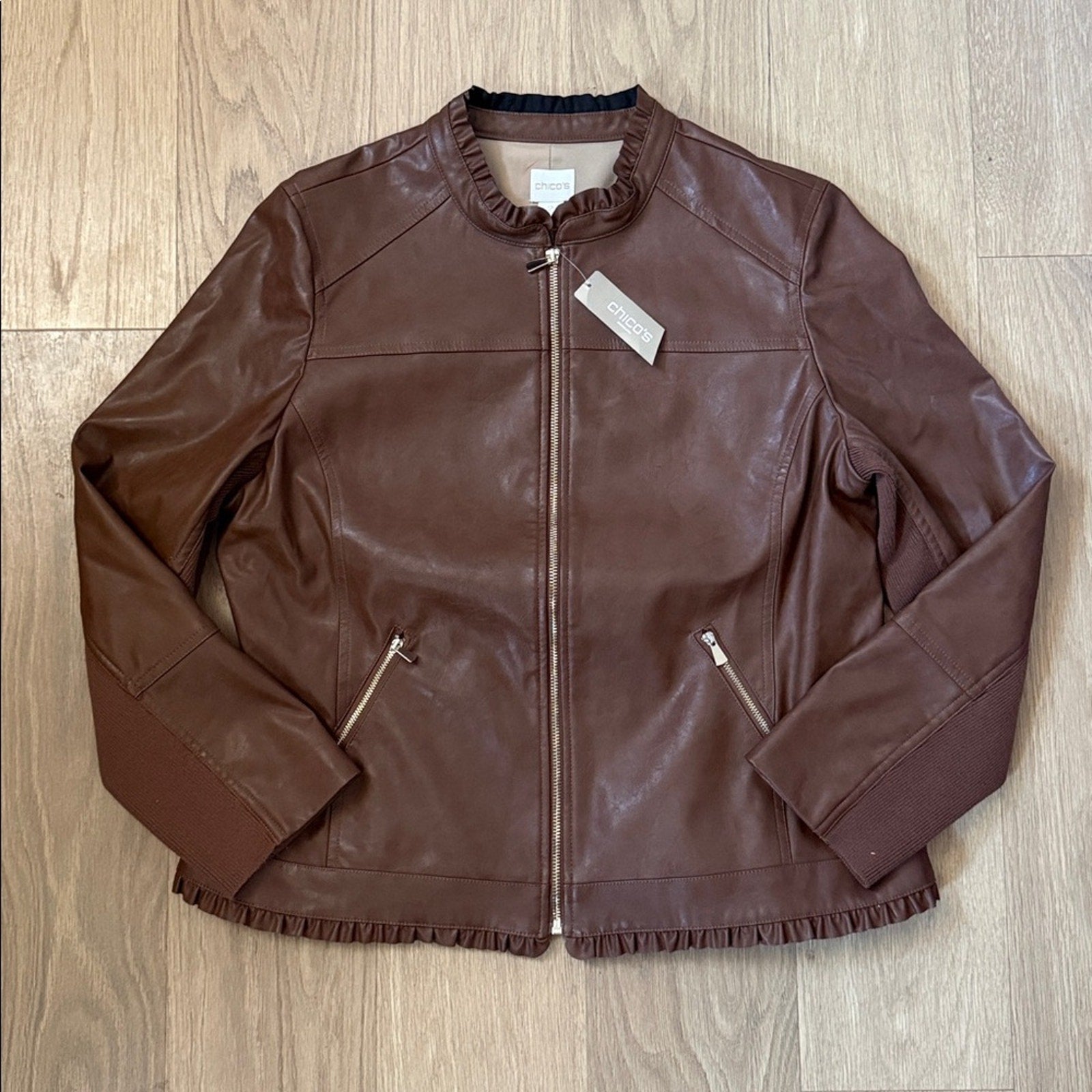 NWT Chico's Chocolate Brown Ruffle Trim Faux Leather Jacket - Size Large