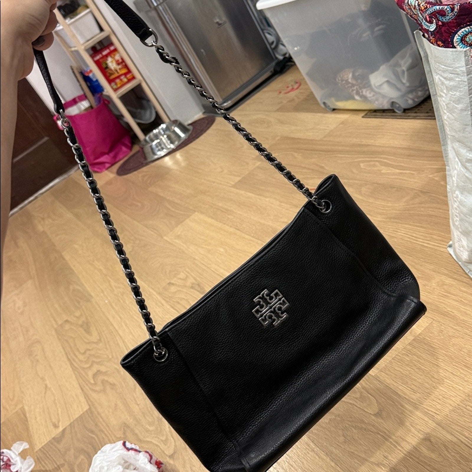 Tory Burch Britten Small Slouchy Tote Bag in Black Leather and Silver Hardware