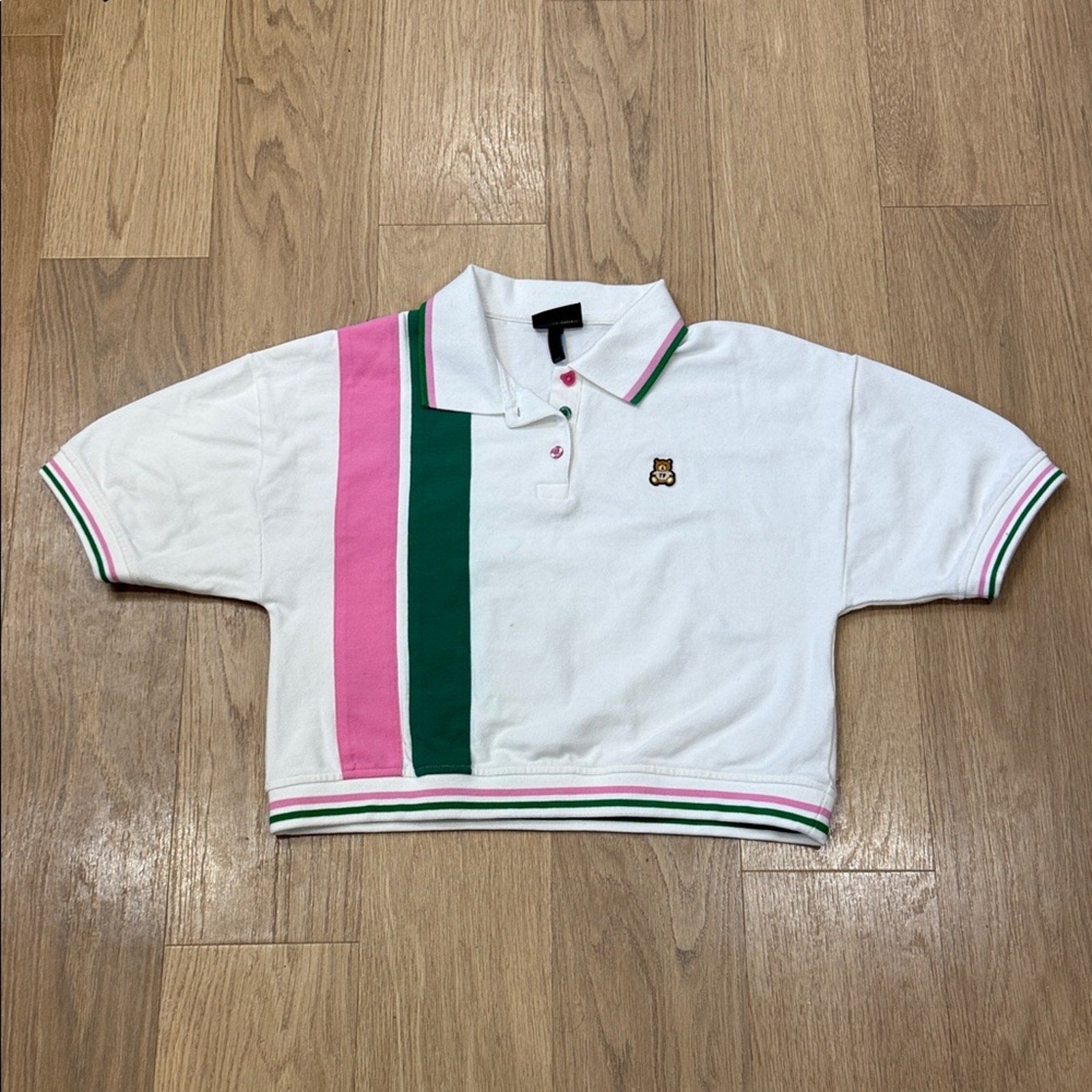 Teddy Fresh Striped Polo Tee in a Cropped Fit and Partial Button Closure Large