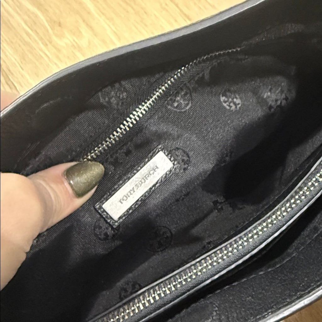 Tory Burch Britten Small Slouchy Tote Bag in Black Leather and Silver Hardware