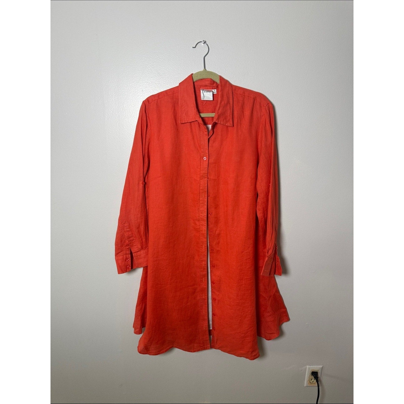 Finley Coral-Red Linen Button Tunic Shirt / Cover Up Size 1X