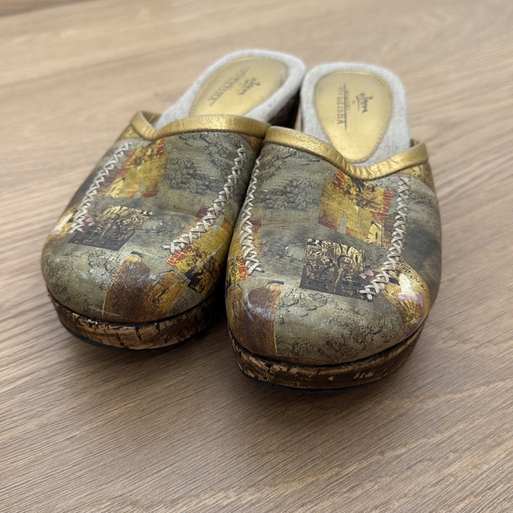 Jeon x Memories of a Geisha Artistic Gold and Brown Mules Size 6.5