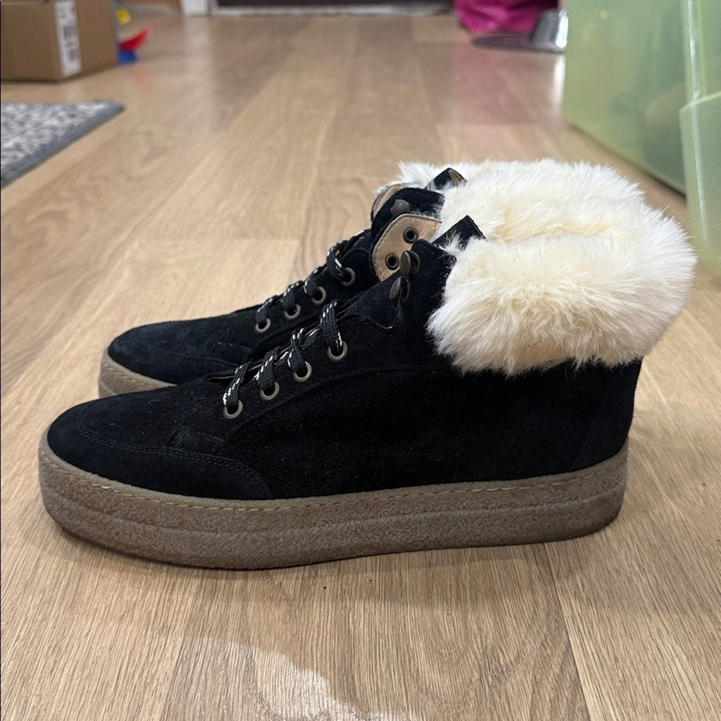 Saks Fifth Avenue Faux Shearling Lined Black Suede Platform Sneakers - Size 10
