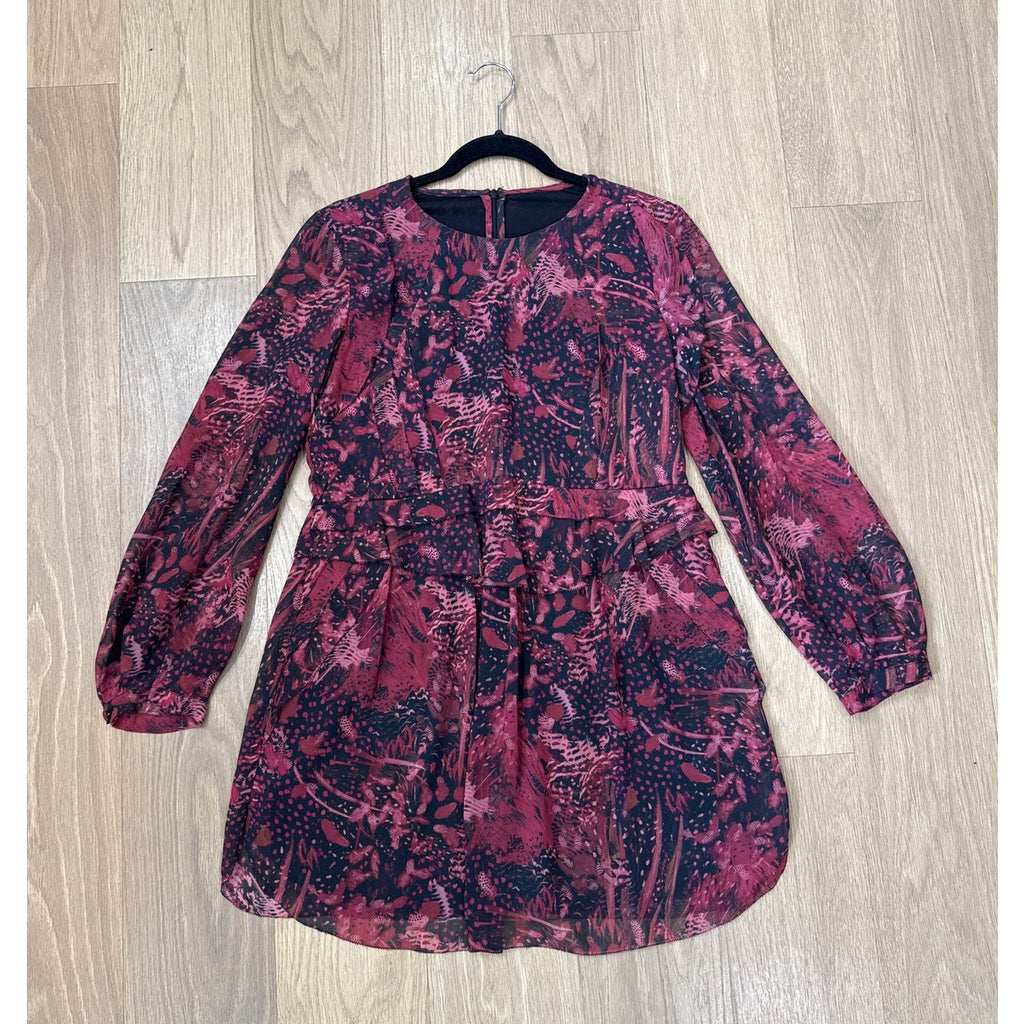 IRO Deylfe Floral Print Silk Chiffon Mini Dress in Burgundy and Black Size 8