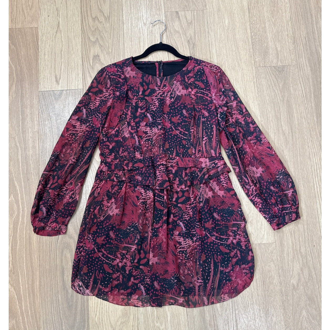 IRO Deylfe Floral Print Silk Chiffon Mini Dress in Burgundy and Black Size 8