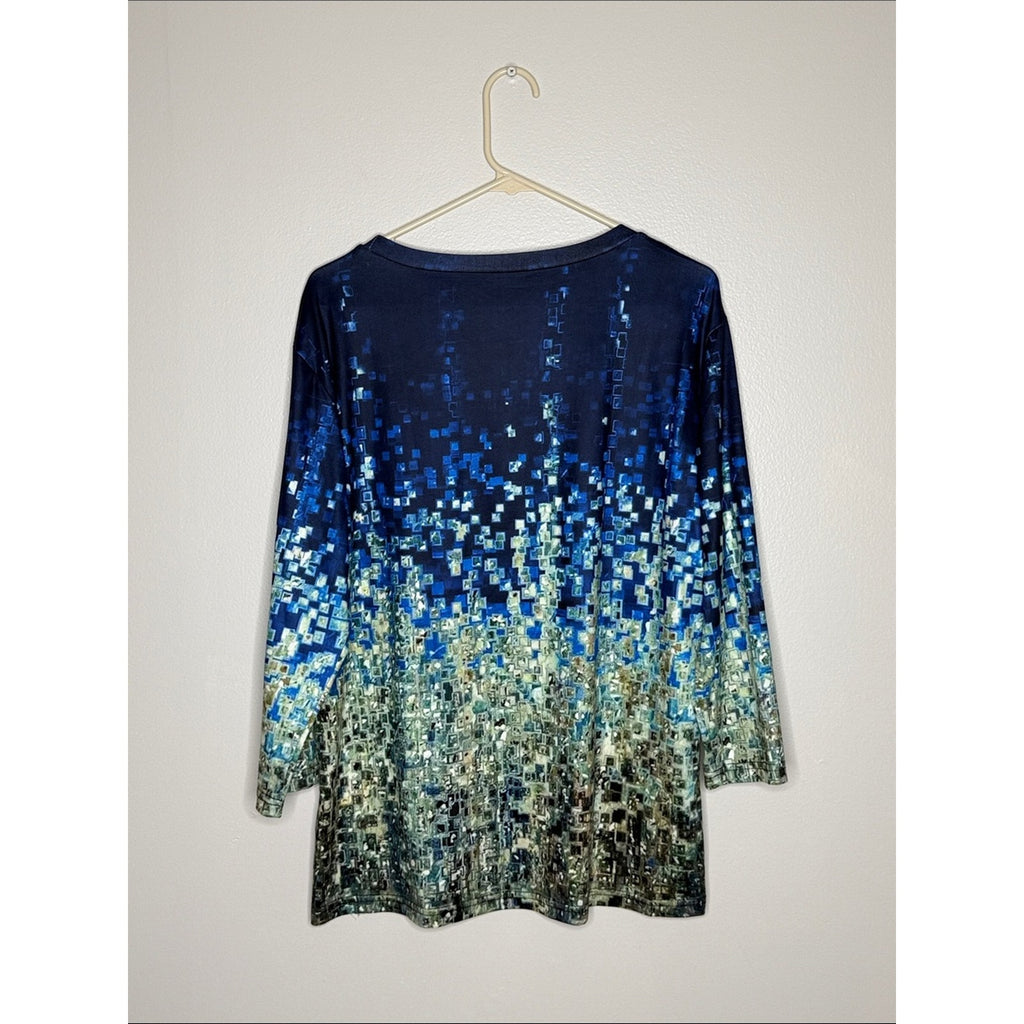 Blue Ombre Mosaic Pattern Long Sleeve Top Size XL