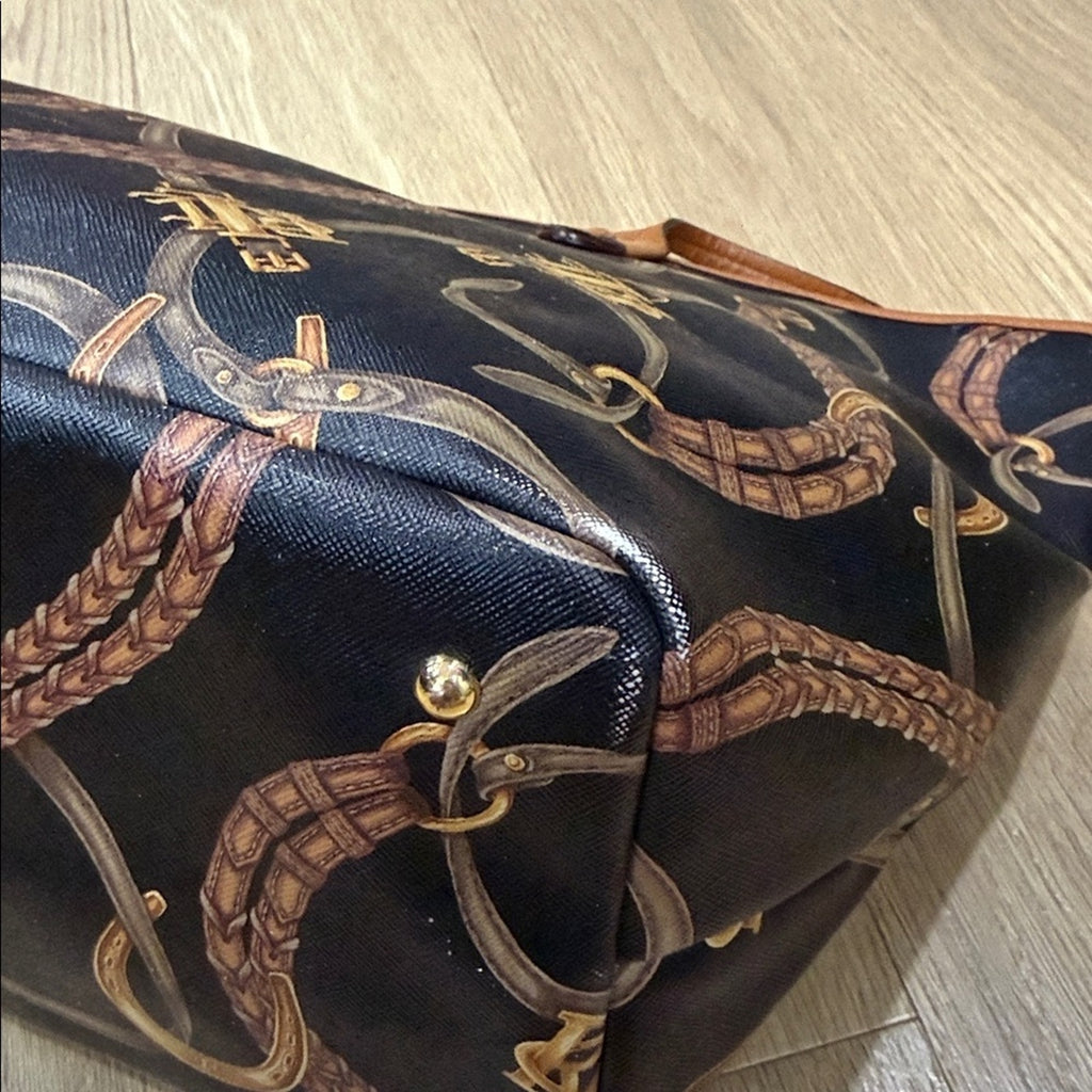 Lauren Ralph Lauren Caldwell Belting Equestrian Print PVC Tote Bag Leather Trim