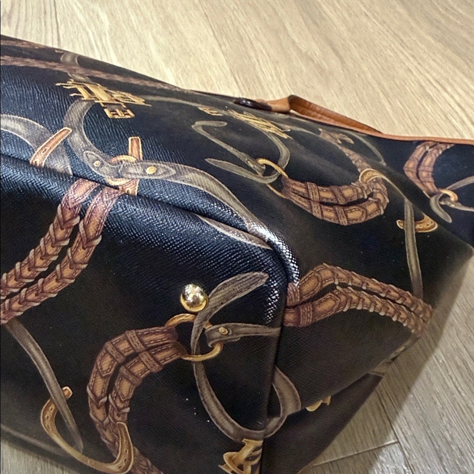 Lauren Ralph Lauren Caldwell Belting Equestrian Print PVC Tote Bag Leather Trim