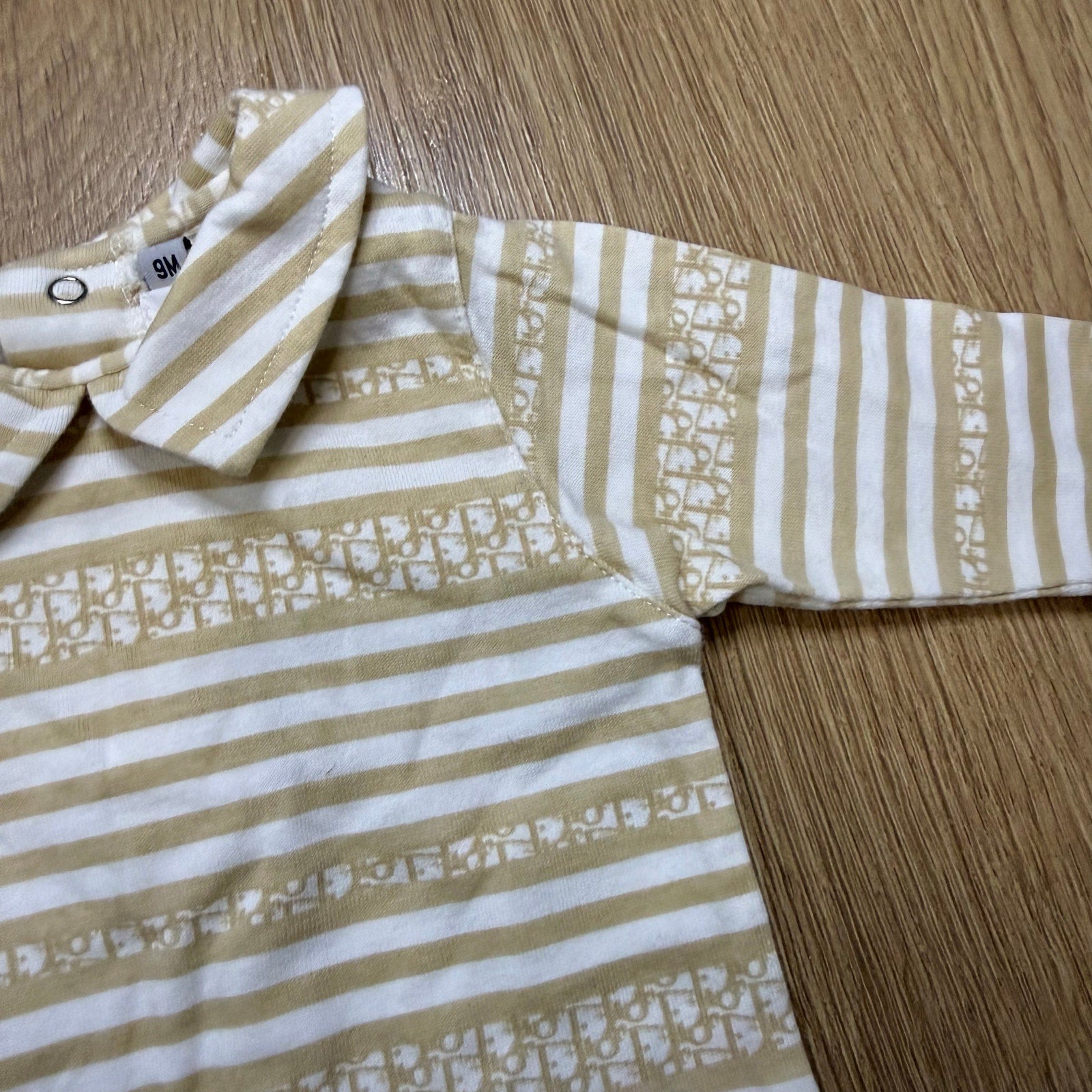 Baby Dior Long-Sleeved Striped Bodysuit with Peter Pan Collar - Beige & White