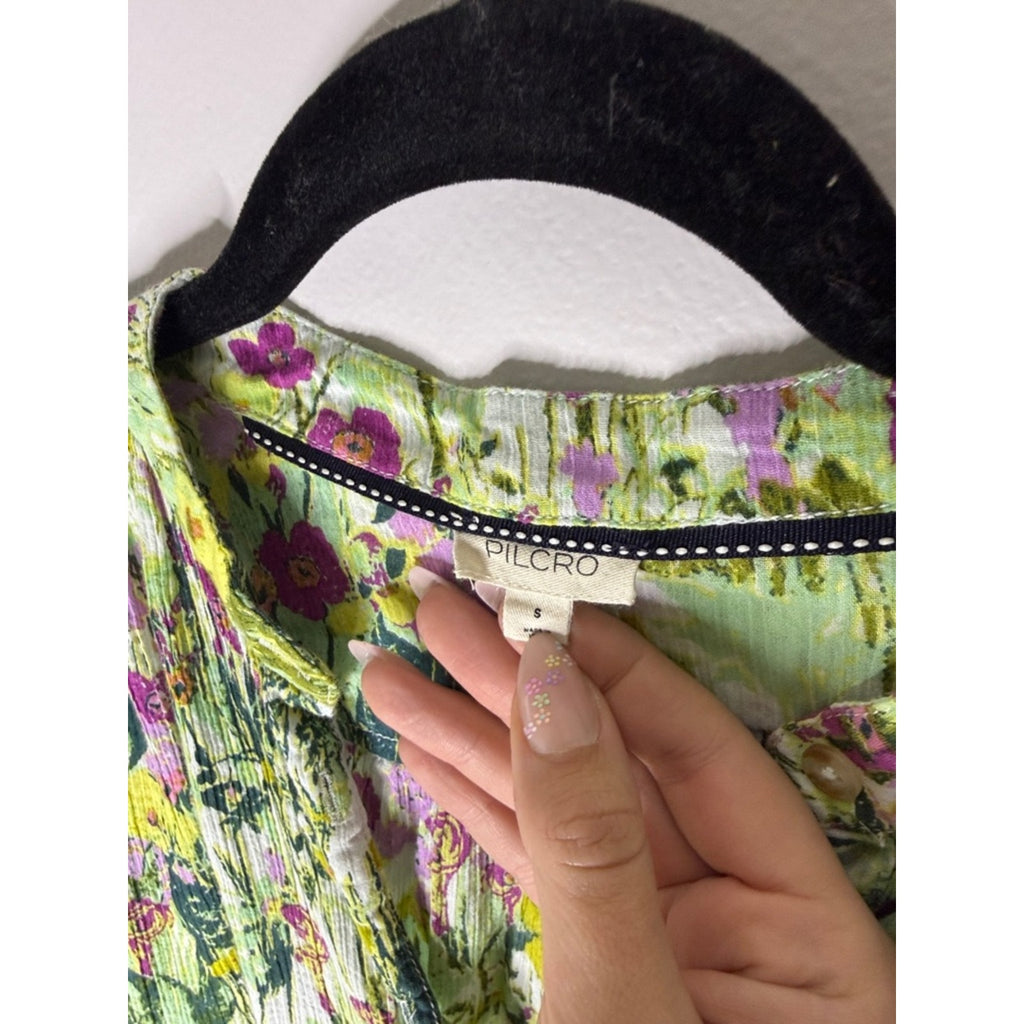 Pilcro Floral Button-Down Blouse - Green Multi Size Small