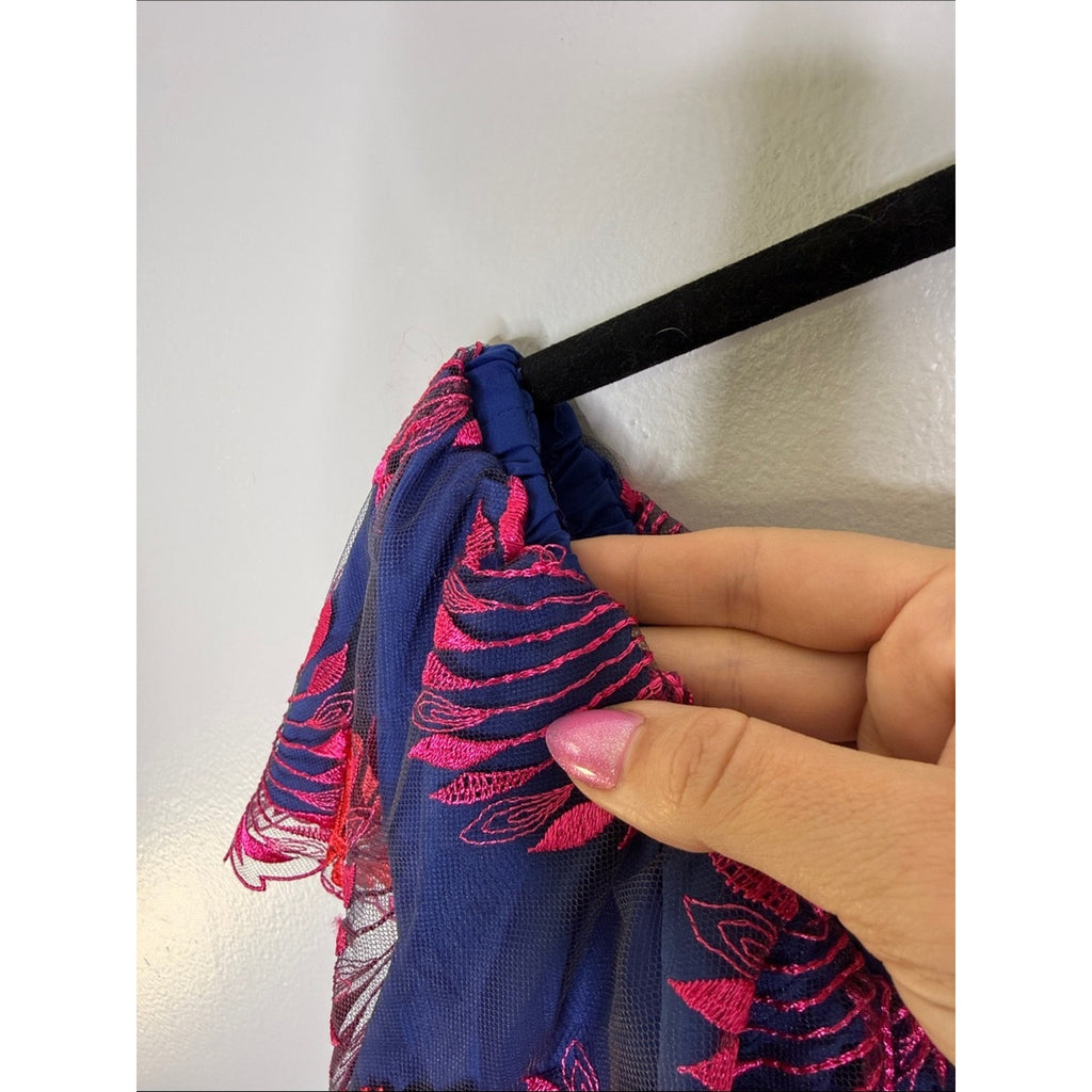 Trina Turk Navy Dress with Bright Pink Embroidered Fans Size M/L