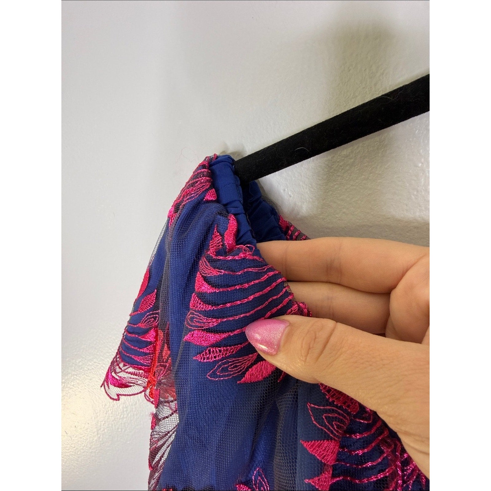 Trina Turk Navy Dress with Bright Pink Embroidered Fans Size M/L