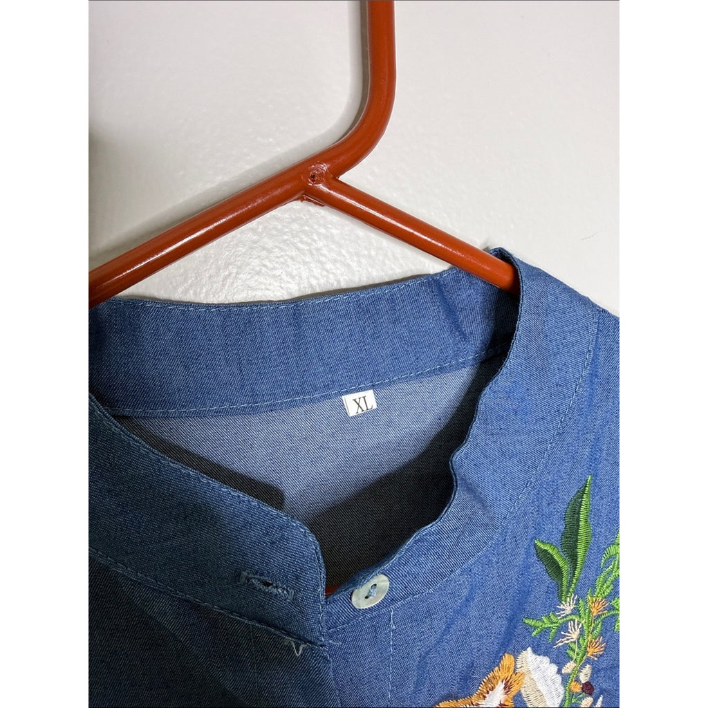 Embroidered Denim Tunic Shirt - Blue with Multicolor Floral Embroidery Size XL