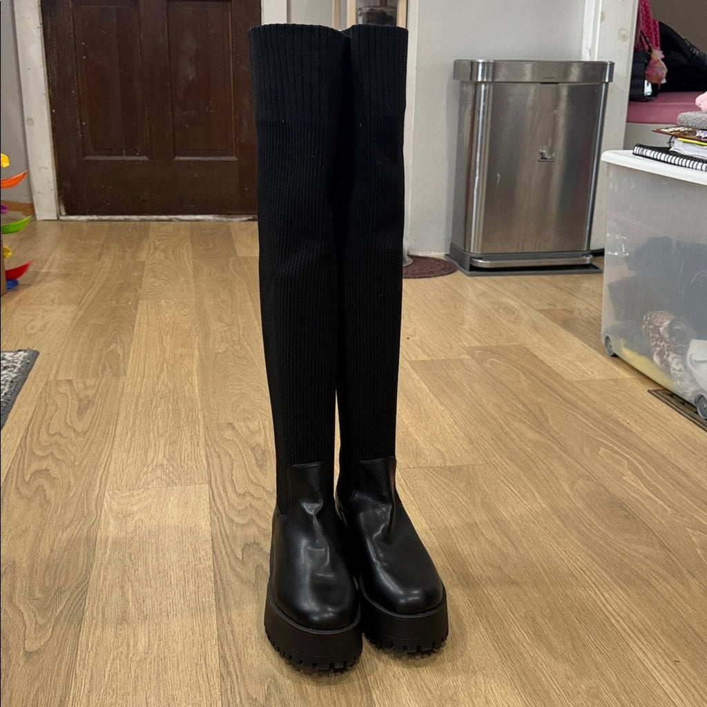 Madden Girl Black Over-the-Knee Stretch Knit Lug Sole Boots - Size 10