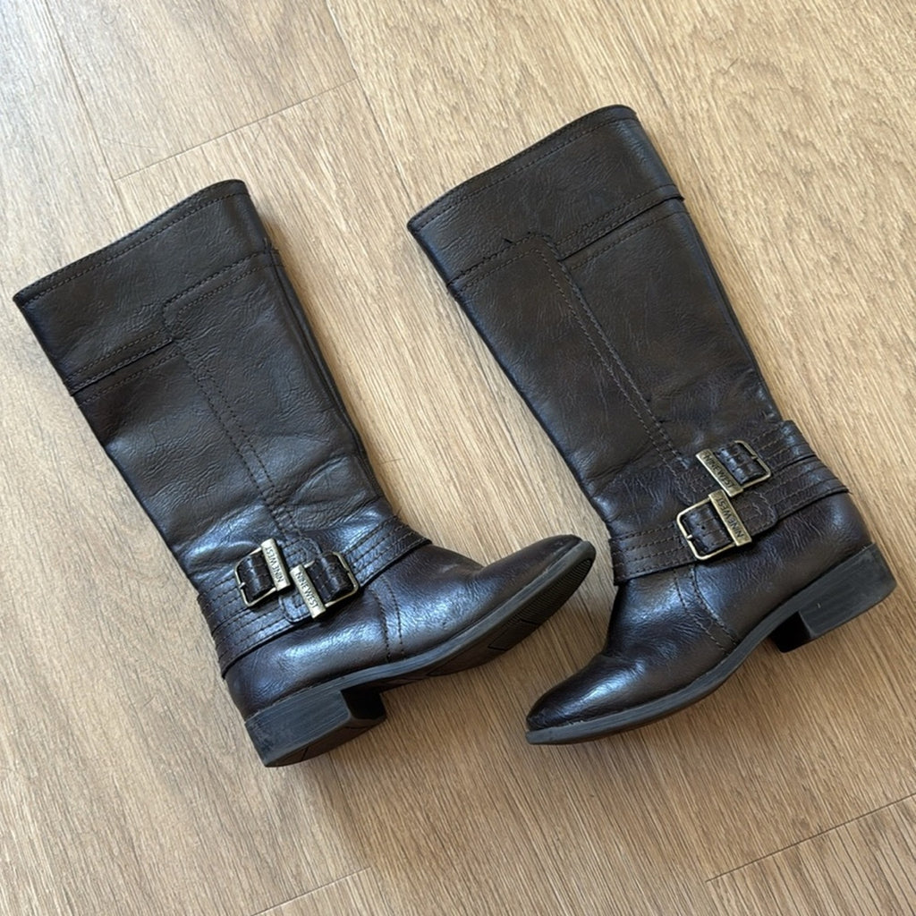 Nine West Brown Buckle Detail Faux Leather Knee High Lova Boots Size 12