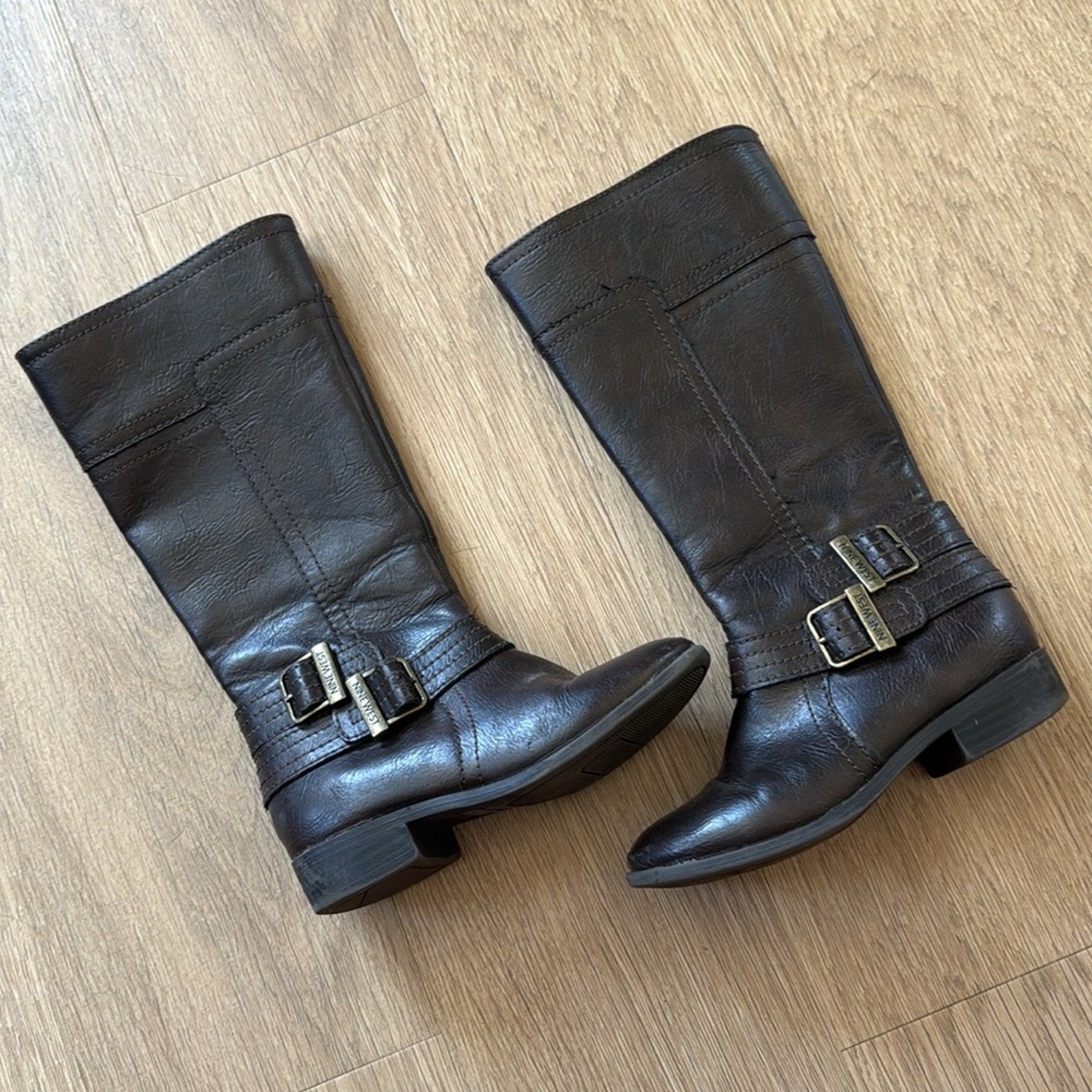 Nine West Brown Buckle Detail Faux Leather Knee High Lova Boots Size 12