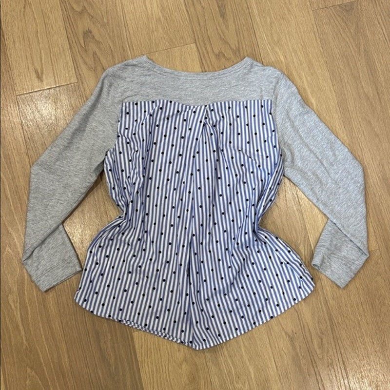 Talbots Gray Long Sleeve Layered-Look Top with Navy-White Stripe Hem Large