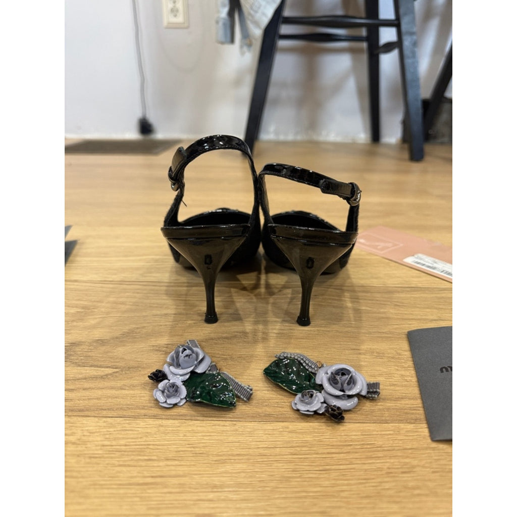 Miu Miu Black Pointed-Toe Slingback Heels with Floral Embellishment Size 9.5