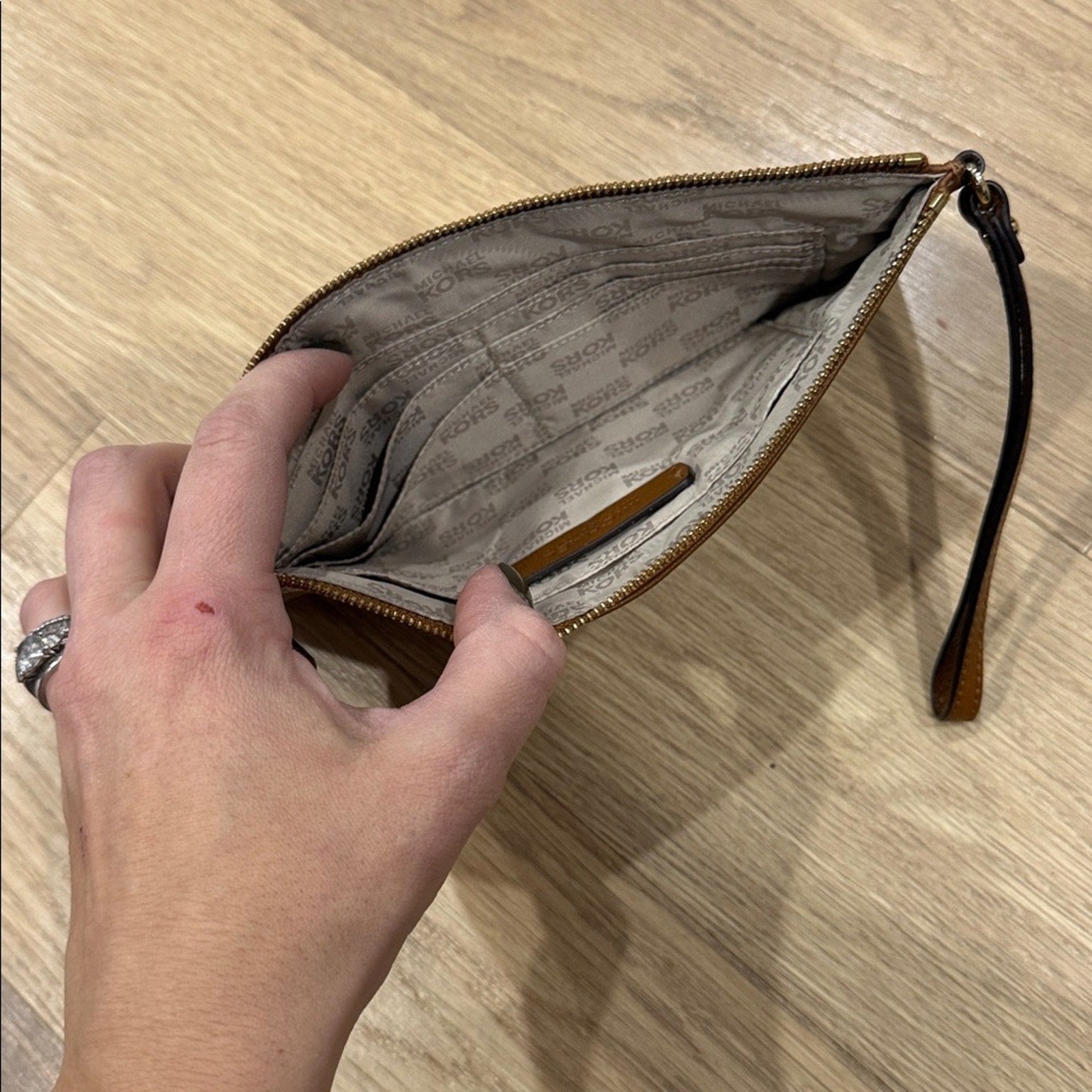 Michael Kors Fulton Large Top Zip Leather Wristlet Clutch Wallet in "Luggage"