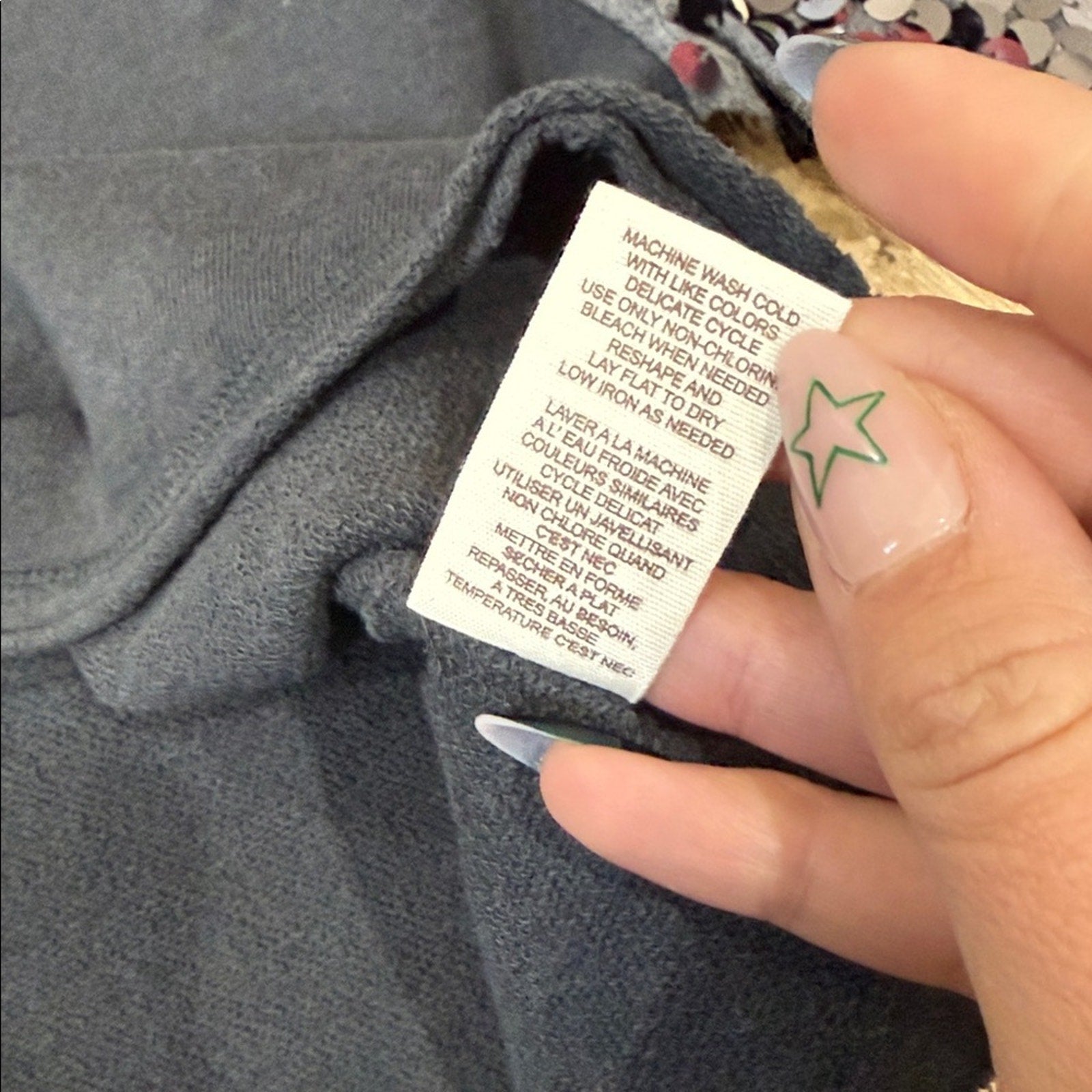 Free People Slouchy Washed Gray Crop Top with Iridescent Sequin Sleeves Size XS
